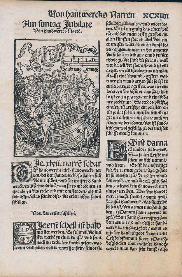 Leaf from "Ship of Fools" by Sebastian Brant. Chapter 108, "The Schluraffen Ship"