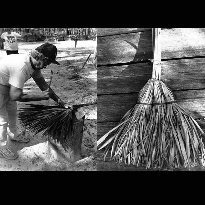 Image of a woman making a palmetto broom, and image of palmetto broom.