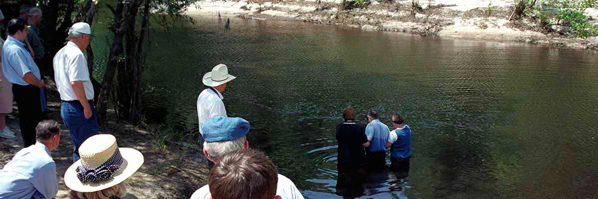 A man is baptisted in a river as onlookers watch.