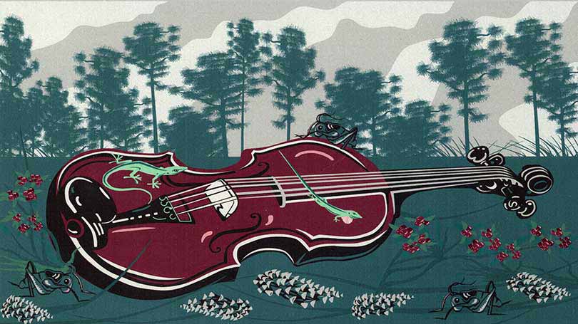 South Georgia Folklife Painting featuring Pine trees, a violin, and grasshoppers.