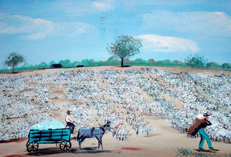 A painting of cotton fields and a horse and buggy.