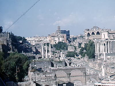 An elevated view of the ruins of Ancient Rome.
