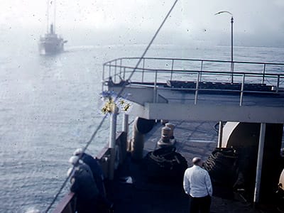 A picture of the deck of a ferry Leona and Dugald rode during their travels. (1950s)