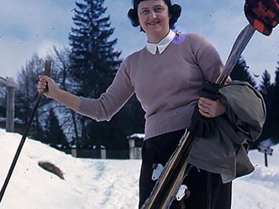Leona posing with ski equipment. (1950s).