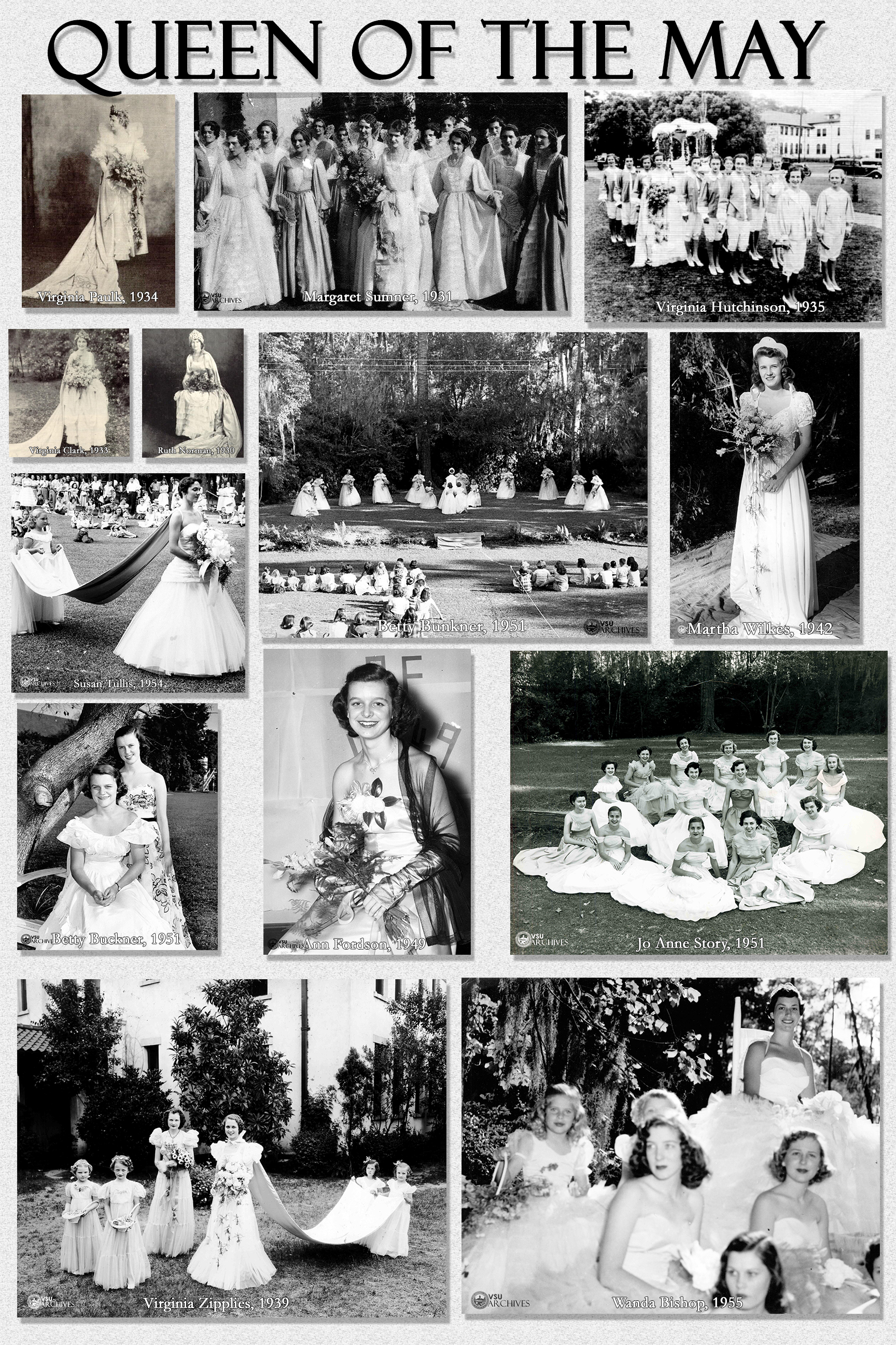In addition to the selection of a theme and months of planning each May Day had a Queen who was chosen in March or April from the senior class by popular vote of the student body. The May Queen presided over the May Court which included a Maid of Honor, Ladies in Waiting, Flower Girls, and Train Bearers. The Court consisted of 12-14 girls from the student body but usually from the senior class. The Flower Girls and Train Bearers were often the children of grandchildren of alumnae.
                    Elaborate planning and detail went into the selection of the Queen’s dress and the dresses of her court. The May Queen’s dress was often white, but it was not uncommon to see the May Queen wearing bridal pink while the Maid of Honor wore cornflower blue. All carried flowers ranging
                    from Shasta daisies to talisman roses.
                    
                    The May Day ceremony officially started with the crowning of the May Queen, but the activities for the day actually started in the morning for the freshmen. By custom, the freshmen woke early to decorate the May Queen’s throne and its setting. After the coronation of the Queen, she was carried to her throne where she could watch alongside her court and guests, a colorful program of special dances honoring spring. “Both the peasants and the Lords and Ladies dance during the festivities. To the strains of frivolous music, dainty maidens, and strolling players pay homage to their Queen with dances, pantomimes, and foolish capers. The country folk dance their hearty, vibrant dances and the Lords and Ladies descend from the throne of the May Queen to dance the minuet on the green.” (Pinecone, 1934).
                    Due to wartime conditions and restrictions, the annual Play Day-May Day event was discontinued after the 1942 celebration. From 1943-1947, the College started a new tradition of a Spring Festival which was held in March to allow visitors the opportunity to enjoy the spring blooms of a2aleas, dogwoods, and the red buds on campus.
                    Play Day-May Day resumed in 1948. The last Play Day-May Day combination was held in 195. In 1956, one of the last traditional May Day celebration included an Honor’s Day ceremony.
                    In the early 1990’s, May Day Celebrations were held by the Valdosta State University Music Society at the spring outdoor Wind Ensemble concert.
                    They were staged in the Fine Arts Amphitheater, and each one featured a May Queen, Ladies in Waiting, and Train Bearers. The Queen and her court presided over the festivities and the wrapping of the May pole.
                    