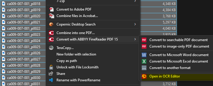 Windows context menu option for opening scans in ABBYY FineReader