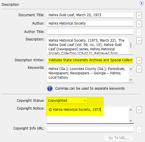 Adobe Acrobat additional metadata window showing description writer and copyright fields.