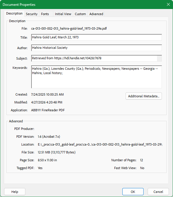 Adobe Acrobat document properties window with title, author, subject, and keyword fields.
