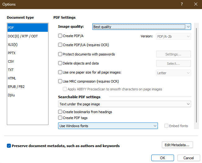 ABBYY FineReader PDF save options with Best Quality selected