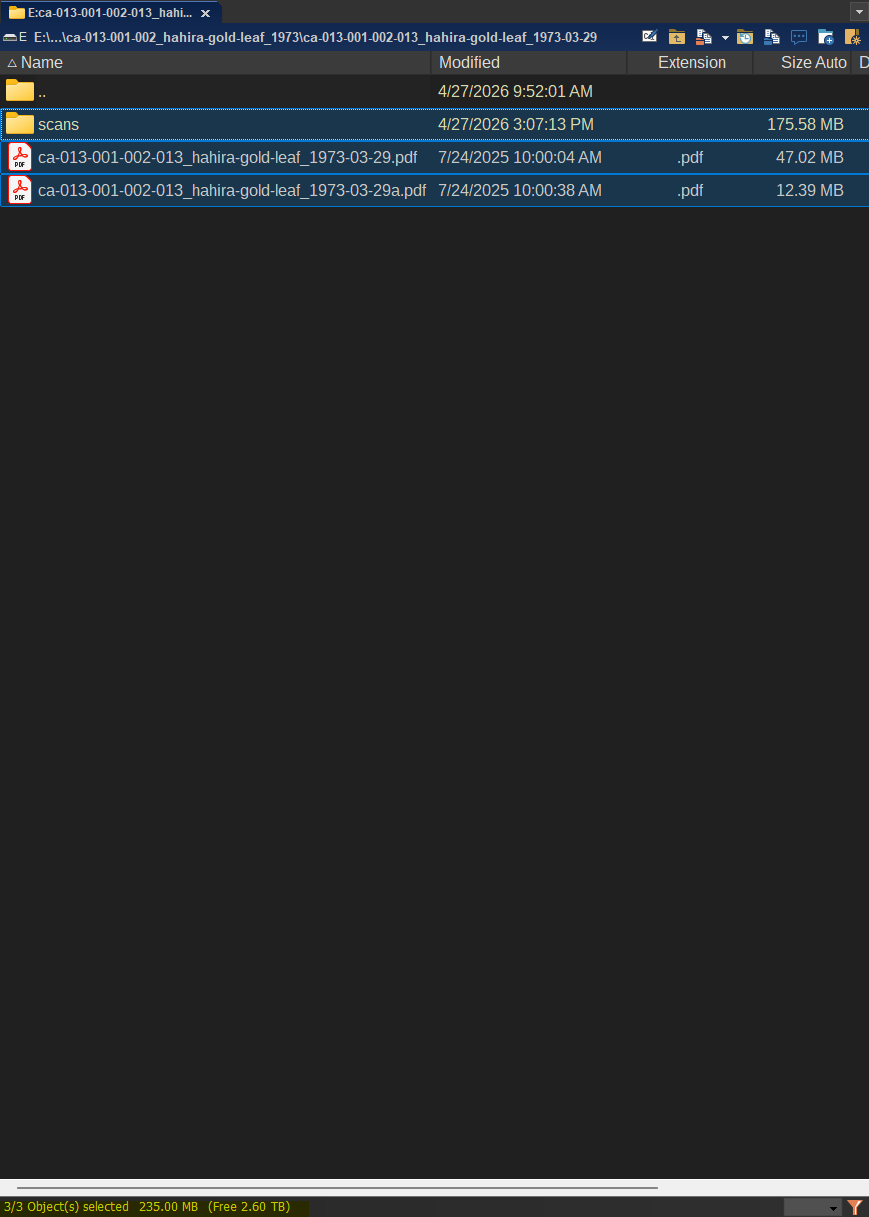 FreeCommander file list used to count scans and review item file sizes.
