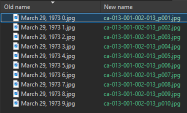 FreeCommander rename example showing page scan filenames built from the item ID and page number.