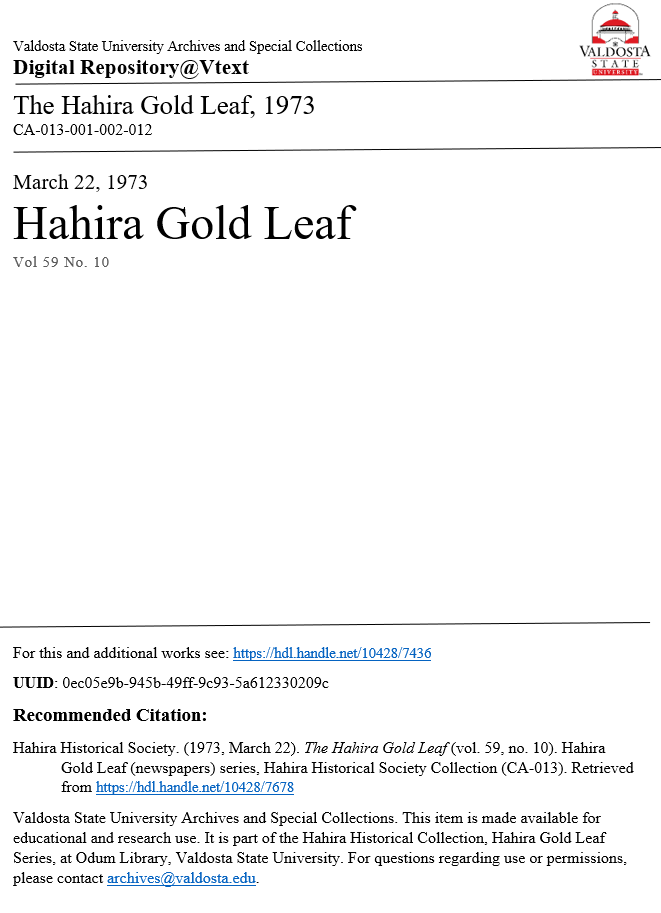 Word cover page template with collection details, citation, and VSU Archives statement highlighted for editing.