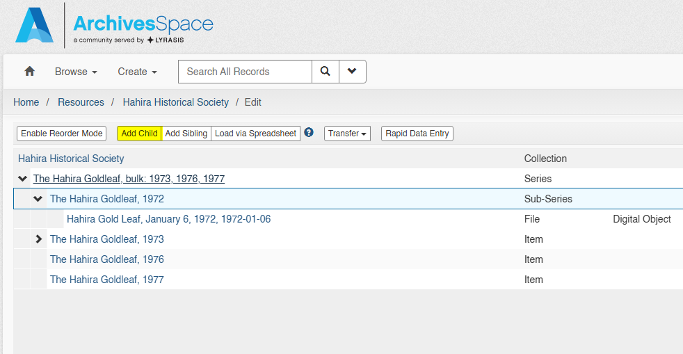 ArchivesSpace resource tree with a subseries selected and the Add Child button highlighted