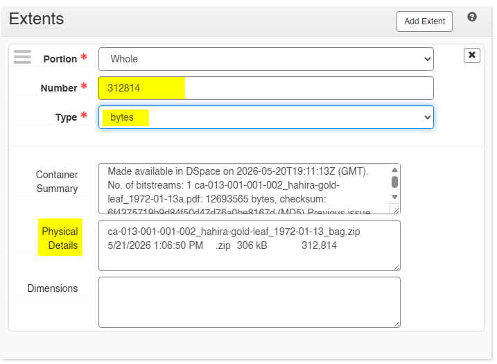 ArchivesSpace Extents section with ZIP file size entered as bytes and bag ZIP details in Physical Details