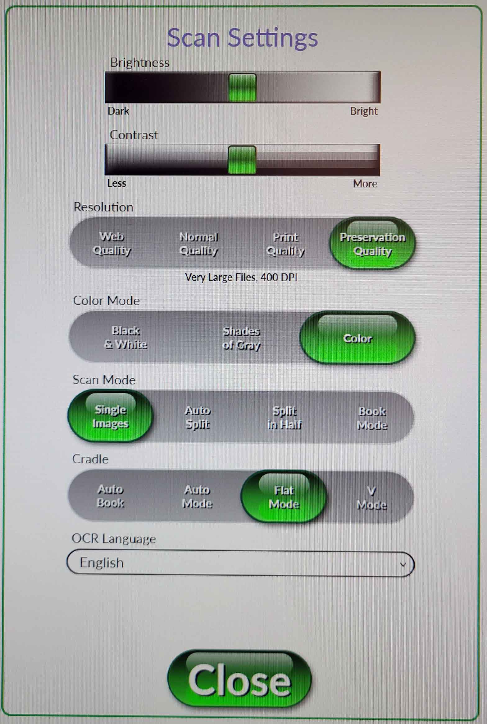 Bookeye scanner settings screen showing the 400 DPI preservation-quality setting.