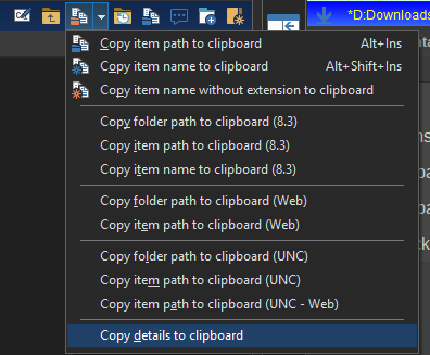 FreeCommander file path icon menu with Copy details to clipboard selected