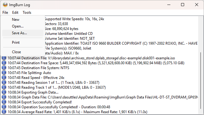 ImgBurn log window save option