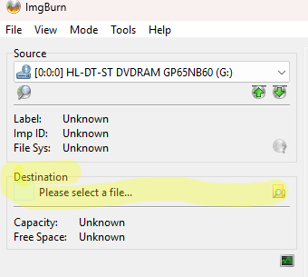 ImgBurn destination file selection button