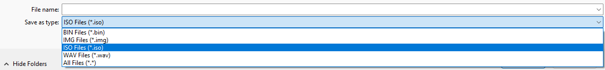 Windows save dialog file type drop-down set to ISO
