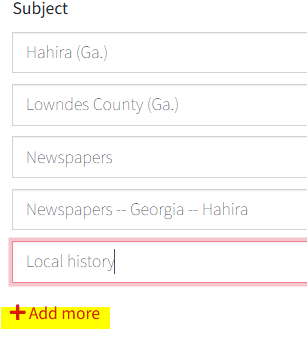 VText subject entry area showing one subject per field and the Add more control.