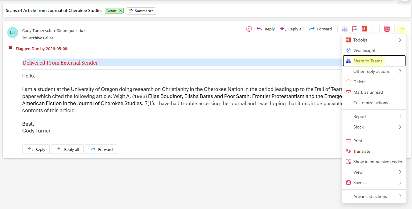 Outlook desktop email with the Share to Teams option selected from the message actions menu.