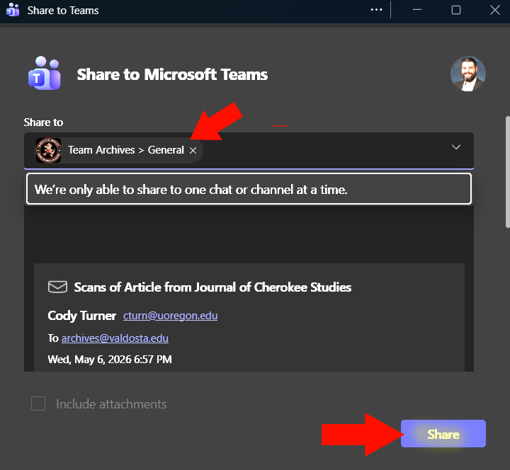 Share to Teams window in Outlook with Team Archives and the General channel selected before sharing the patron email.