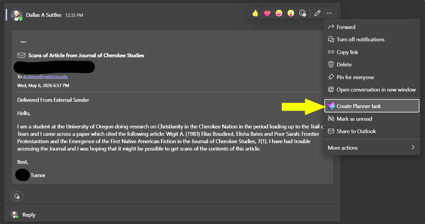 Teams message created from the shared Outlook email with the more-options menu open and Create Planner Task available.