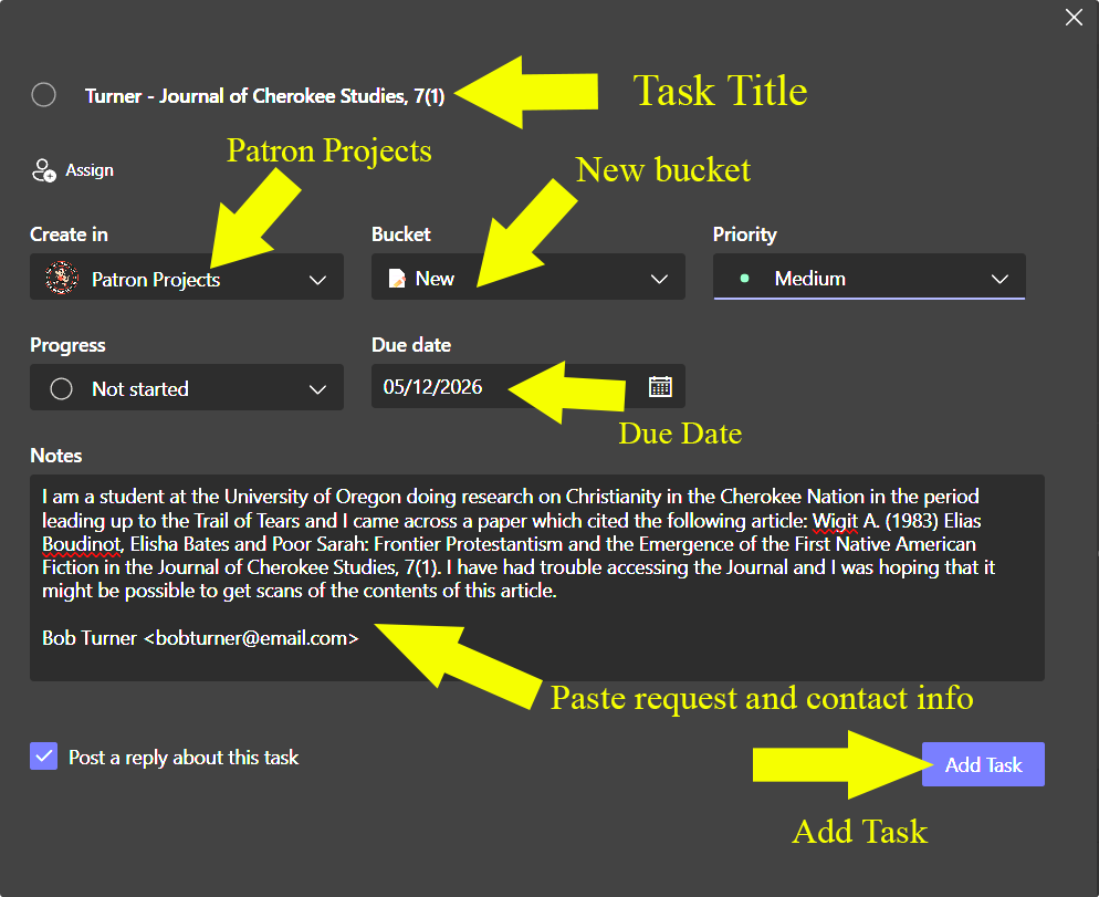 Planner task creation popup in Teams with fields for task name, plan, bucket, priority, due date, and notes.