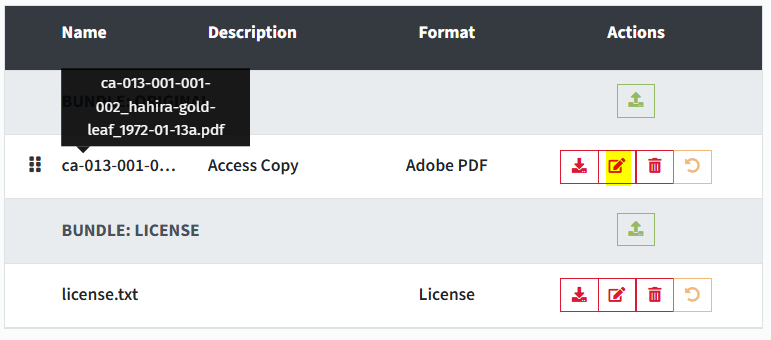 VText Bitstreams tab with the Edit button highlighted for the access PDF