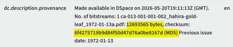 VText dc.description.provenance field showing the access PDF file size and MD5 checksum