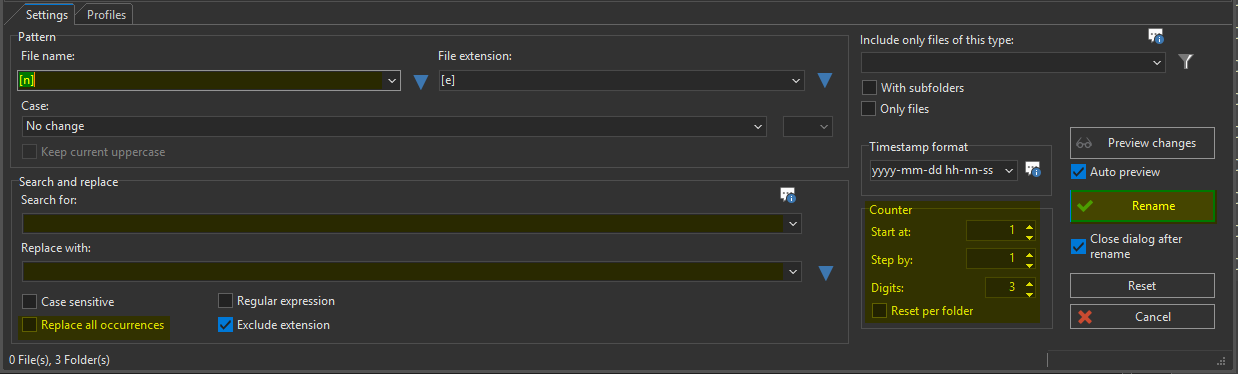 FreeCommander multi rename settings showing filename pattern, search and replace, case, and counter options