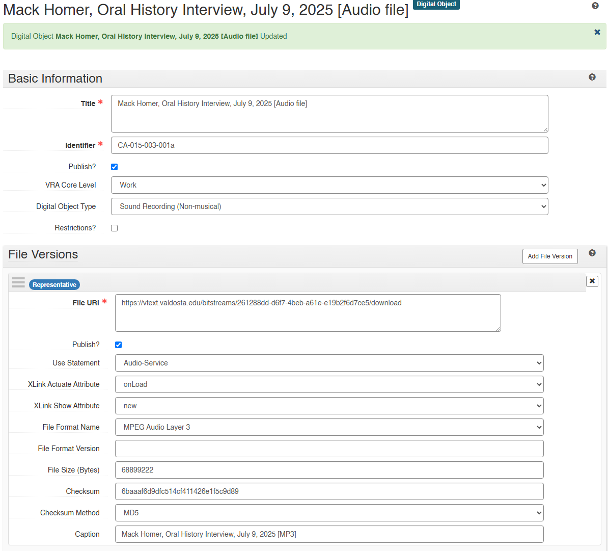 ArchivesSpace digital object example configured for an oral history MP3 file.