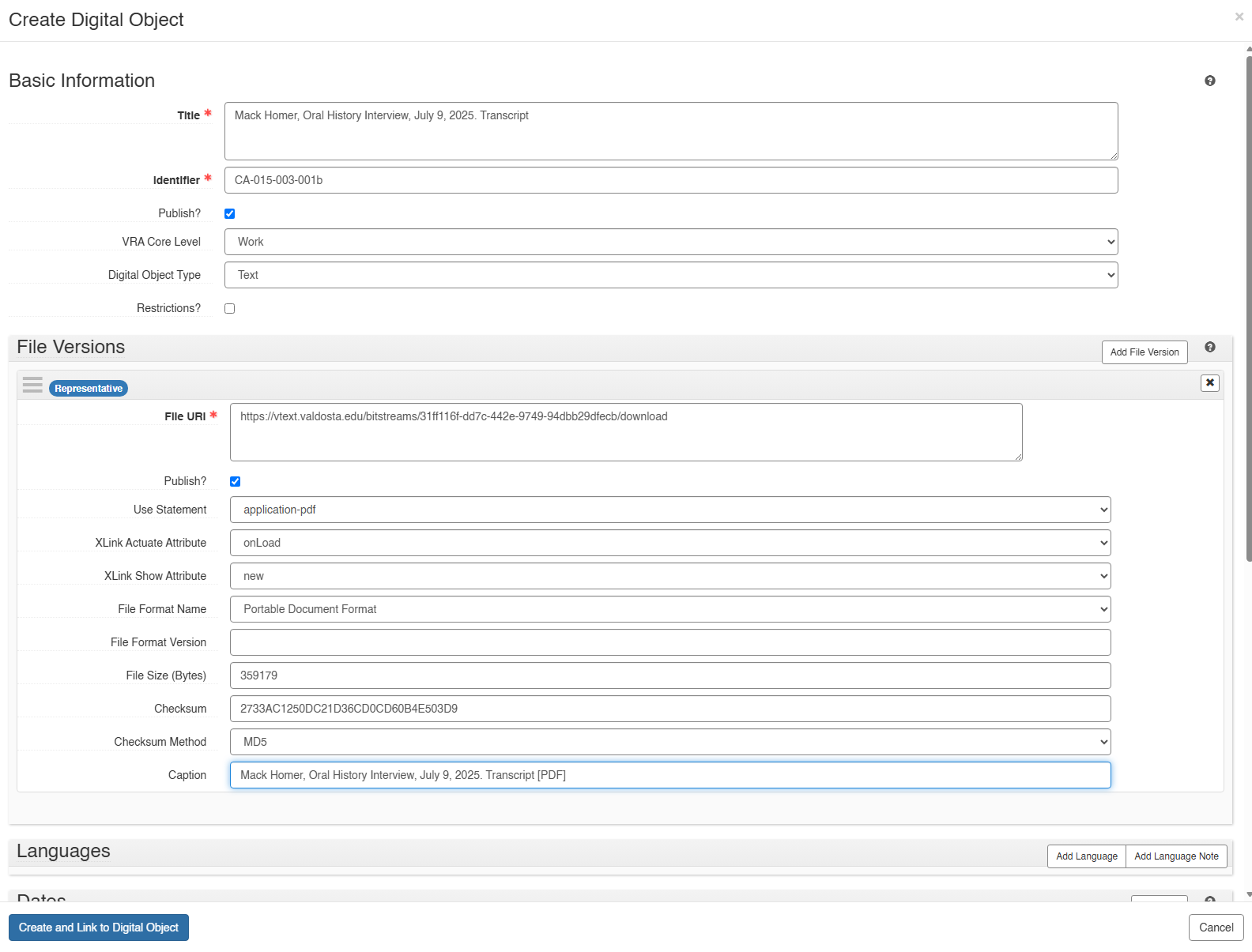 Completed ArchivesSpace digital object form for an oral history transcript PDF.