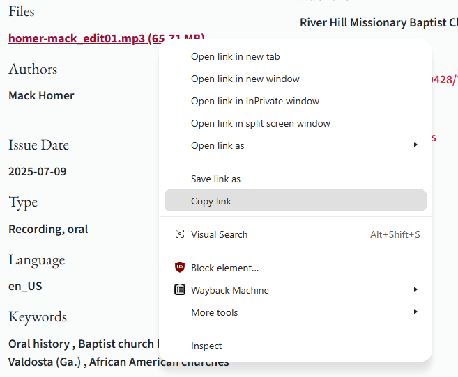 Vtext item page showing the file download link used to copy the bitstream URL.