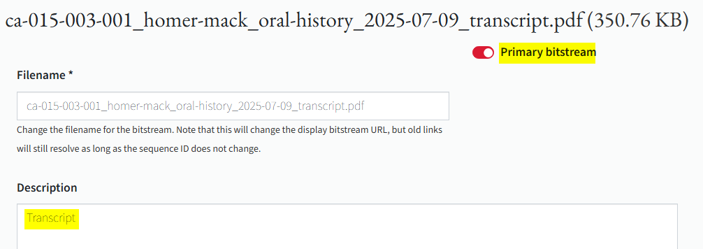 Vtext bitstream edit page showing the transcript file marked as the primary bitstream with the description set to Transcript.