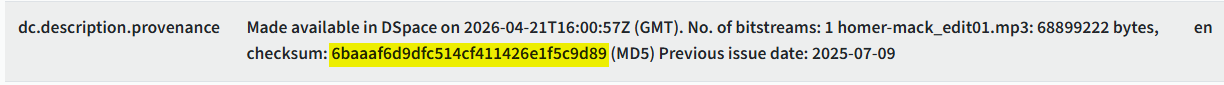 Vtext provenance field showing the checksum value for the uploaded file.