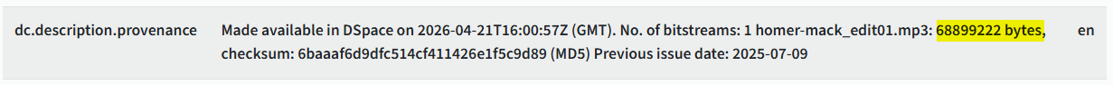 Vtext provenance field showing the file size value in bytes.