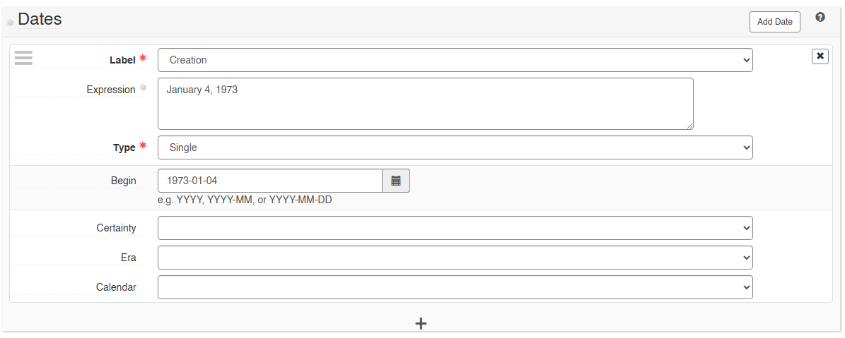 ArchivesSpace date form showing expression and begin date fields.