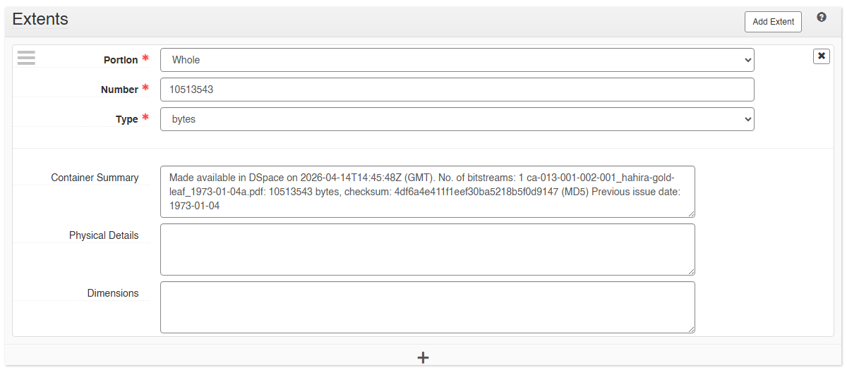ArchivesSpace extent section filled out with portion, number, and physical details.