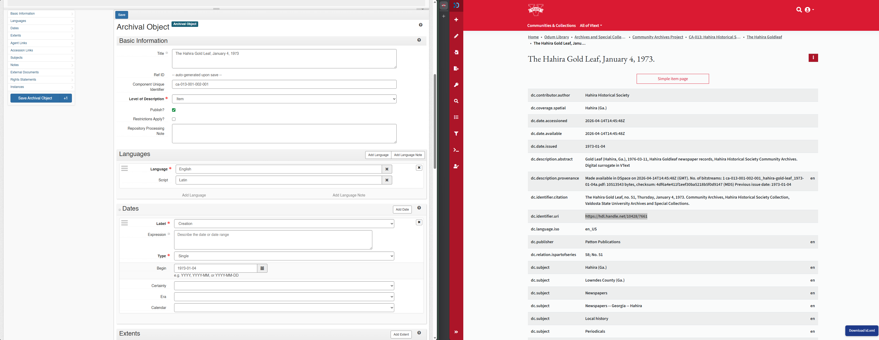 Example of Vtext and ArchivesSpace arranged side by side in split-screen windows.