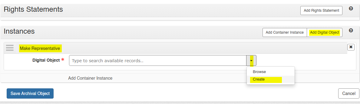 ArchivesSpace item edit page showing where to click Add Digital Object.