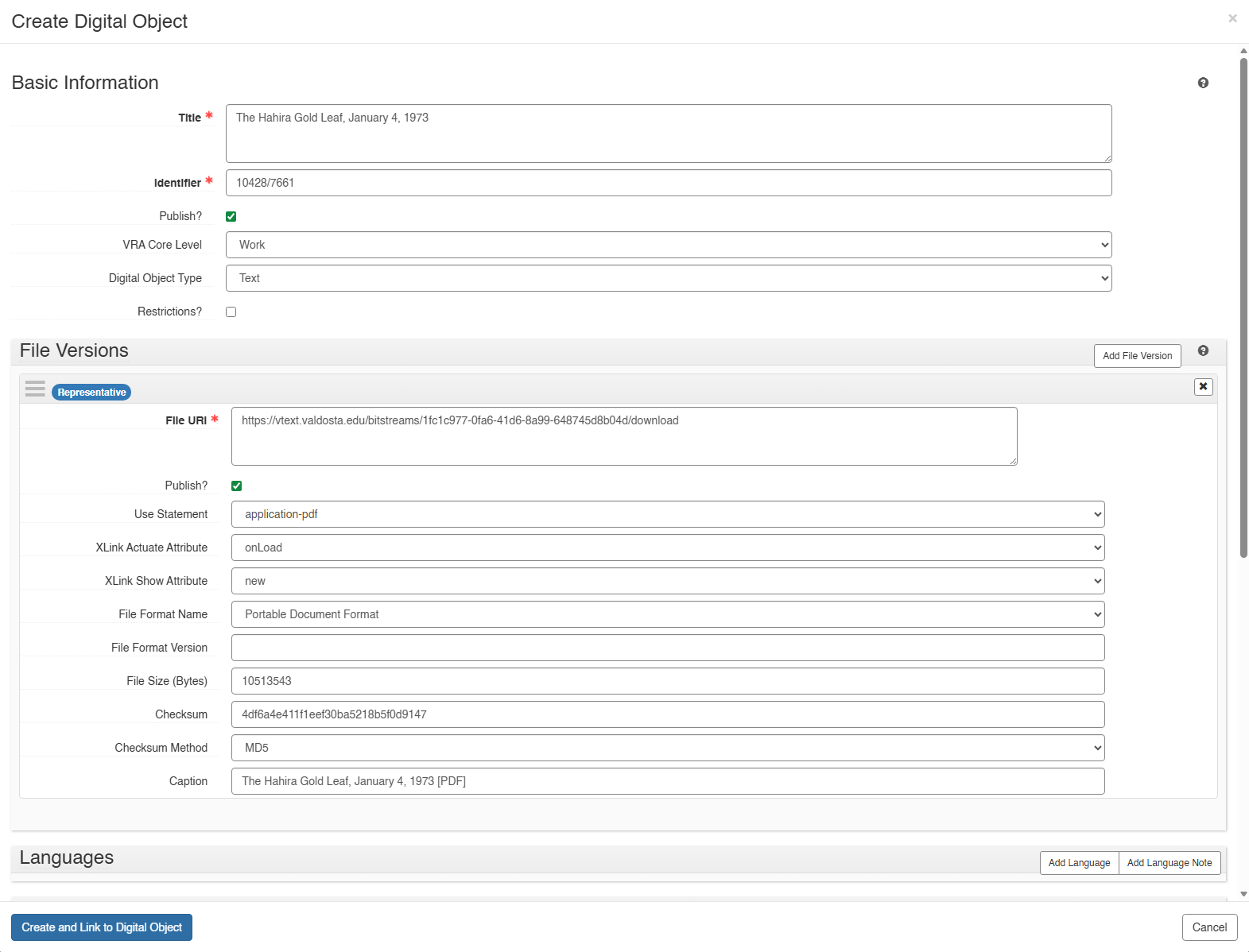 ArchivesSpace digital object form filled out with title, identifier, and top-level settings.