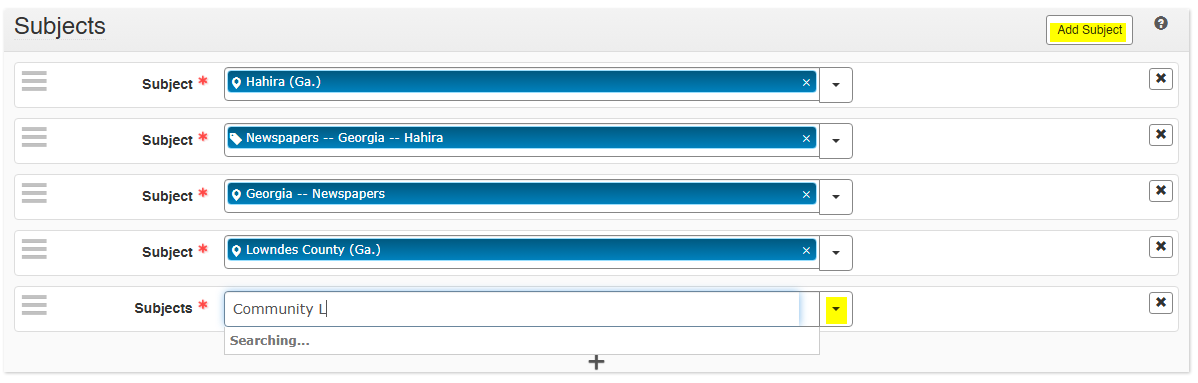 ArchivesSpace subjects section showing subject headings added to the item record.